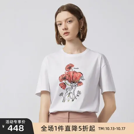LANCY/朗姿冬季新款短袖女印花白色T【迪士尼小鹿斑比联名】图片