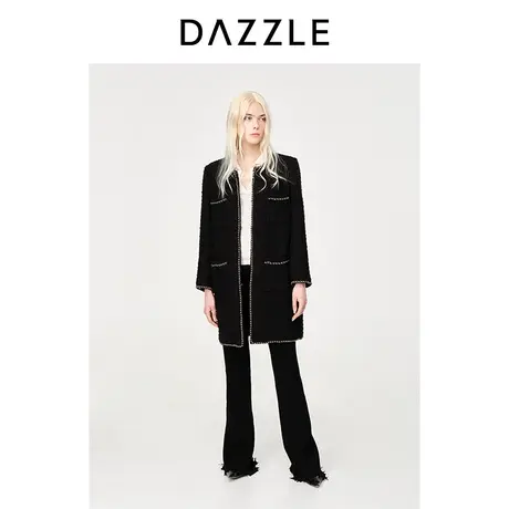 DAZZLE地素奥莱23春新款黑金链条装饰高级感中长款直筒毛呢大衣图片