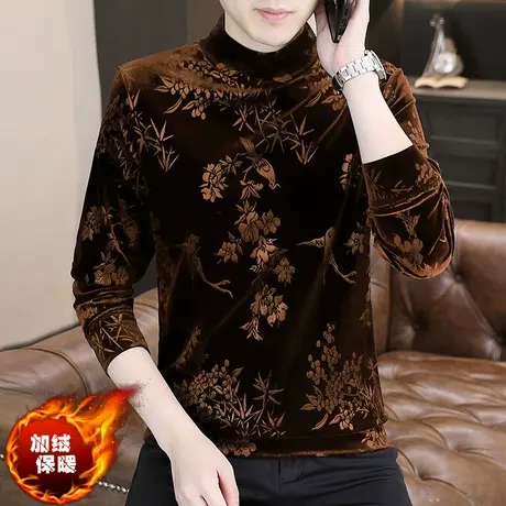 秋冬季金丝绒长袖t恤男士潮流加绒打底衫轻奢加厚半高领保暖上衣图片