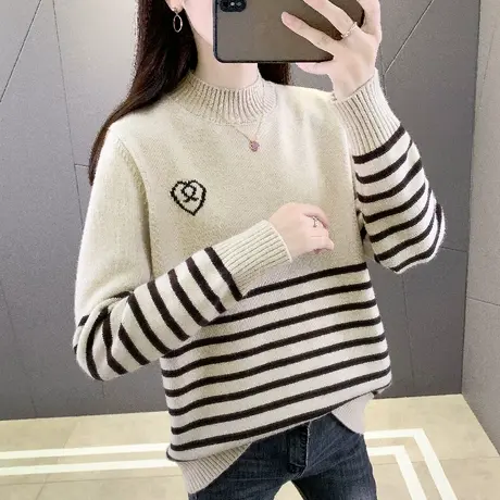 新品半高领条纹毛衣女款2023新款秋冬爆款冬季内搭针织打底衫上衣图片