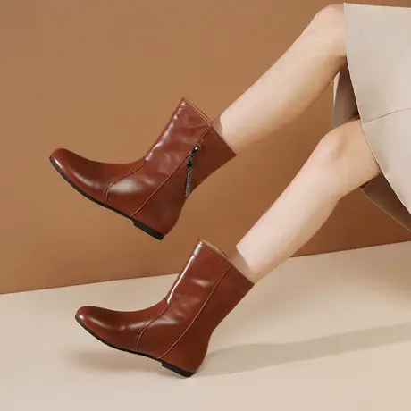 秋冬平跟短靴女头层牛皮女靴一脚蹬新款小圆头靴子2023软皮中筒靴图片