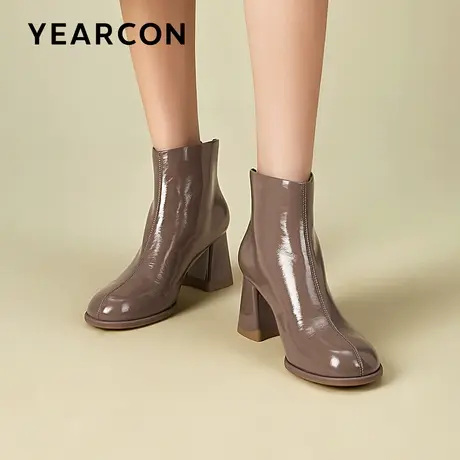 意尔康粗跟时装靴女2023秋冬新款时尚真皮靴子后拉链通勤瘦瘦短靴商品大图