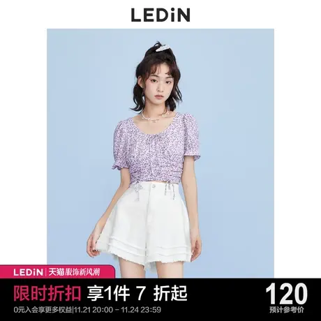 乐町抽褶碎花短上衣休闲夏季新款紫色雪纺衫女宽松图片