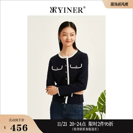 YINER音儿线上专选女装秋季毛衣休闲外套羊毛混纺圆领针织衫商品大图