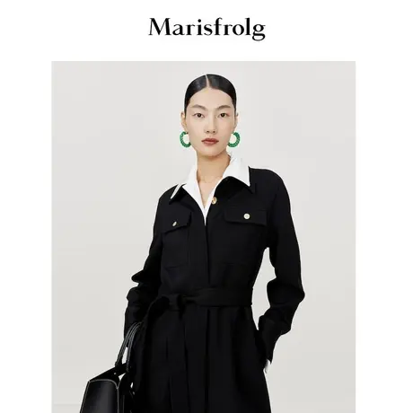 【新能量黑裙】玛丝菲尔春季新款黑色衬衫长袖风衣式连衣裙图片