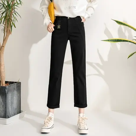 丽洁女裤高腰直筒裤纯棉休闲裤春秋新款显瘦白色九分裤黑色烟管裤商品大图