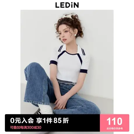 乐町撞边插肩袖针织短袖女2023年夏季新品短款修身圆领POLO衫T恤商品大图