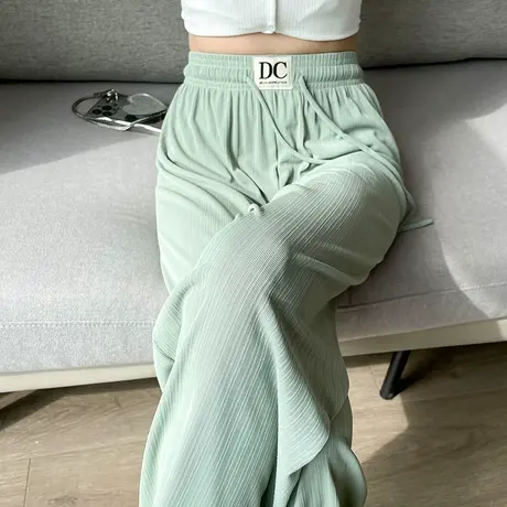 绿色冰丝窄版高腰阔腿裤女夏季薄款垂感凉凉小个子防晒休闲拖地裤商品大图