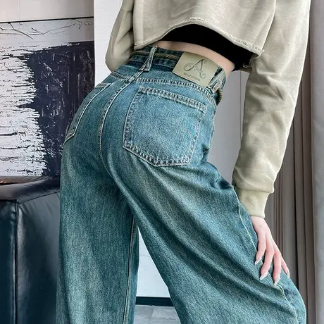 复古抽绳高腰牛仔裤女秋季新款水洗宽松显瘦直筒垂感阔腿拖地裤子商品大图