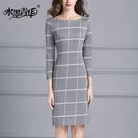 【1件7.9折】冬季新款通勤OL气质修身显瘦格子针织连衣裙图片