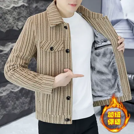 翻领加绒加厚毛呢夹克男士秋冬季高品质条纹休闲男装短款呢子外套商品大图