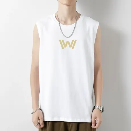纯棉背心男士夏季外穿白色无袖t恤健身跨栏潮流印花运动篮球坎肩商品大图