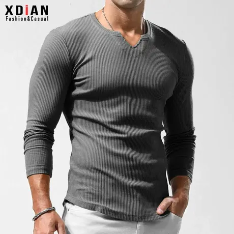 螺纹棉修身打底衫男纯色V领弹力修身紧身纯棉春秋薄款内搭长袖t恤商品大图