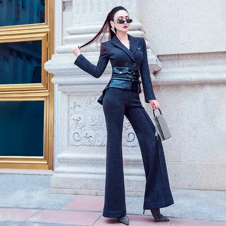 VJE秋冬季西装领连体裤新款时尚修身收腰显瘦连身微喇叭裤图片