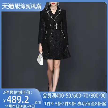 AUI黑色小香风外套女2024冬季新款高级感职业气质收腰西装领大衣图片