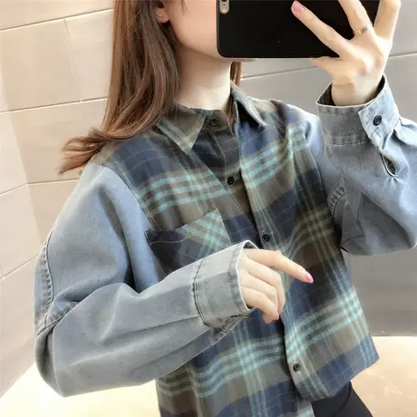 拼接牛仔衬衫女长袖2023早春新款韩版宽松设计感小众上衣格子外套图片