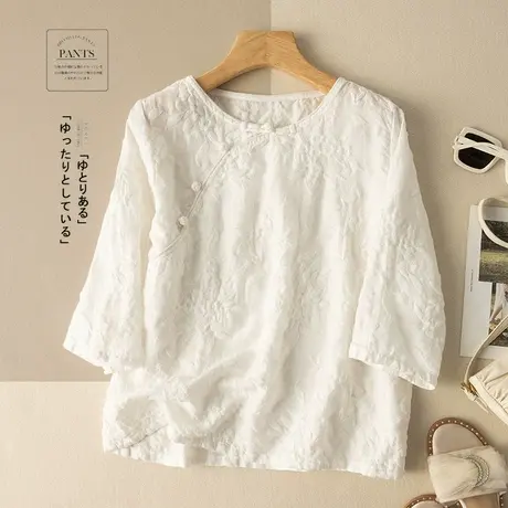 享永子七分袖苎麻上衣重工刺绣棉麻T恤文艺复古宽松2024春夏新款图片