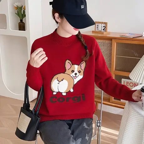 半高领女士红色毛衣2023年新款加厚打底衫宽松洋气针织衫休闲内搭图片