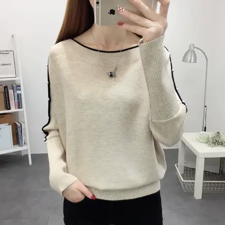 秋冬宽松一字领蝙蝠袖毛衣女打底衫套头针织衫薄款新款长袖上衣商品大图