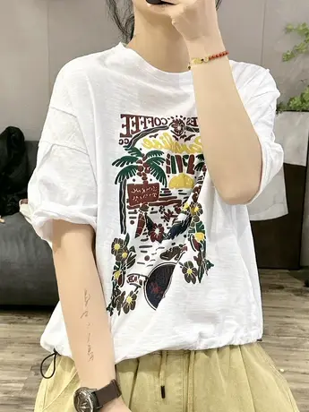 2023夏季薄款竹节棉短袖T恤椰树创意印花圆领宽松百搭抽绳上衣女商品大图