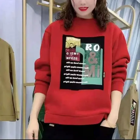 2023年新款秋冬季上衣字母印花宽松韩版圆领洋气卡通加绒卫衣加厚商品大图