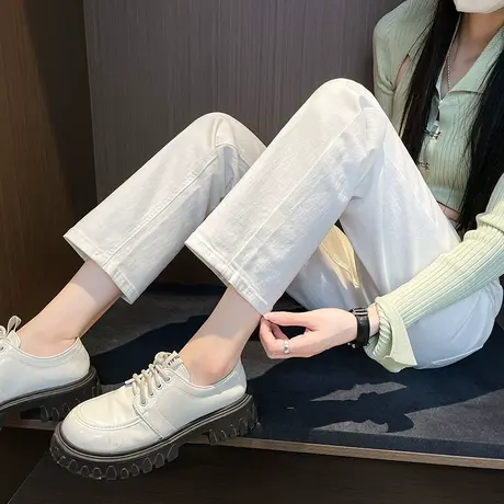 白色高腰牛仔裤女直筒裤2023年春秋新款显瘦九分烟管裤小个子裤子商品大图