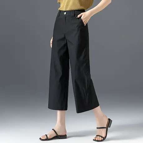 黑色窄版阔腿裤女小个子七分裤夏季薄款天丝裤子八分裤冰丝直筒裤商品大图