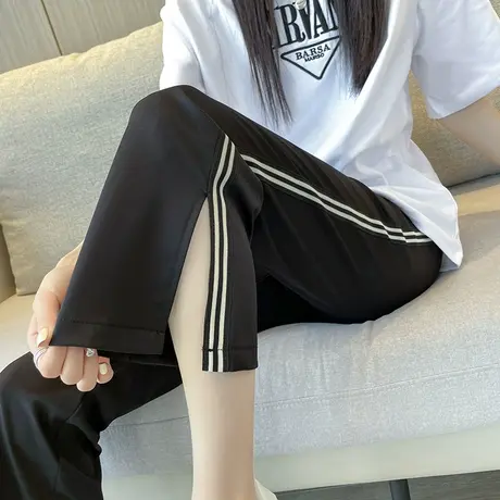 高腰黑色微喇八分裤女夏季薄款高腰修身显瘦小个子开叉休闲喇叭裤图片