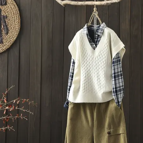 枫谜2020年秋装新款文艺简约麻花针织马夹背心女宽松百搭针织毛衣商品大图