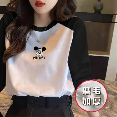 长袖磨毛加厚T恤女插肩袖撞色上衣2023年春季米奇印花圆领宽松潮商品大图