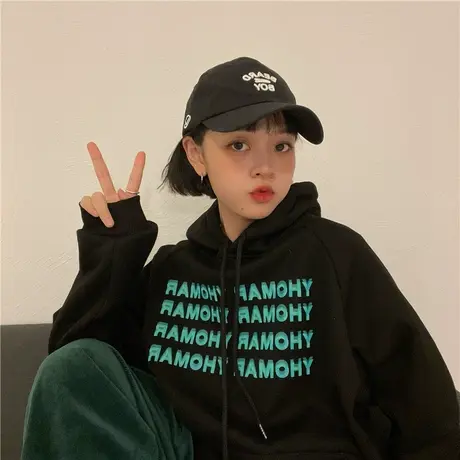 红续2023早春新款发泡字母加绒宽松百搭连帽卫衣女套头情侣装ins商品大图