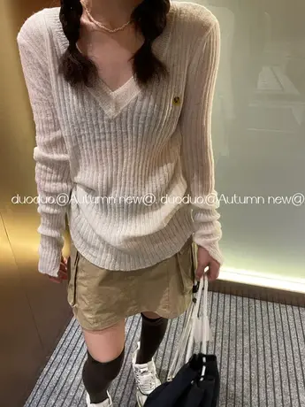 秋装2023新款V领小标刺绣简约弹力修身长袖t恤女针织衫打底衫上衣图片