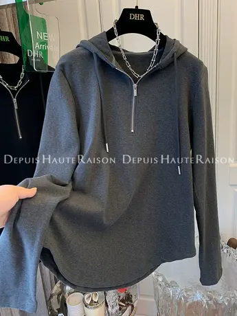 欧美拉链连帽衫上衣内搭打底衫长袖T恤女春秋宽松休闲设计感小众商品大图