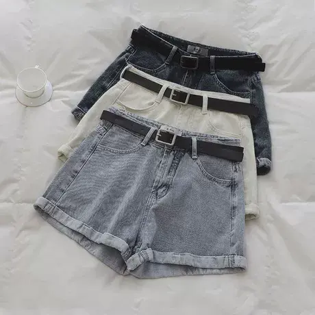 高腰卷边牛仔短裤女热裤显短2023F秋冬新款百阔蓝色牛仔搭腿瘦裤商品大图