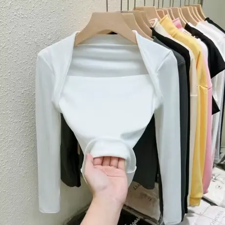 方领露锁骨长袖T恤女秋冬韩版修身内搭打底衫短款德绒磨毛上衣潮商品大图