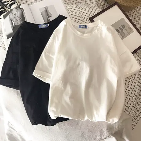 美式复古t恤大码宽松百搭纯色体恤ins潮情侣半袖纯棉小众简约上衣商品大图