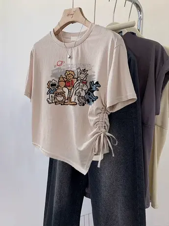 美式复古卡其色短袖T恤女夏抽绳不规则chic潮牌ins小个子短款上衣商品大图