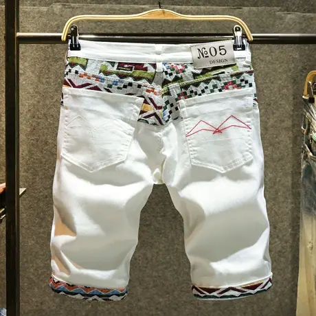 白色拼接牛仔短裤男夏季薄款修身直筒中裤潮牌刺绣外穿休闲五分裤图片