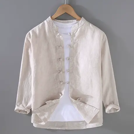 亚麻衬衫男夏季薄款男士休闲棉麻长袖立领中式盘扣衬衣宽松上衣潮商品大图