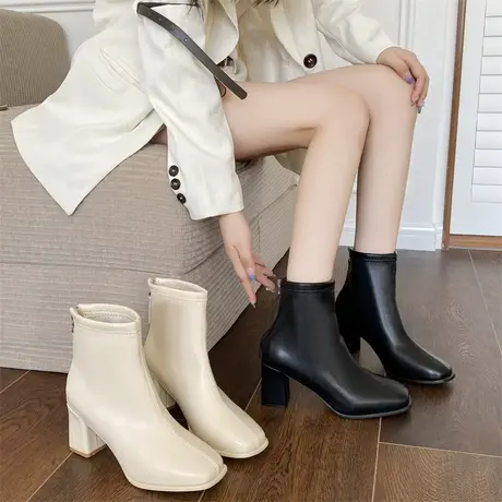 爆款瘦瘦靴女秋季新款2023年复古法式高跟鞋早秋短款配裙子马丁靴图片