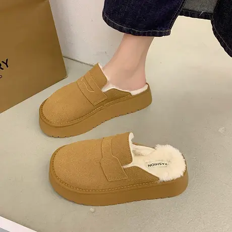 包头拖鞋女2023年秋冬新款孕妇小个子加绒厚底增高复古风爆款棉拖图片