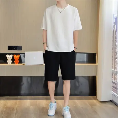 短袖t恤男夏季运动套装健身短裤两件套夏装宽松凉感跑步休闲男装商品大图