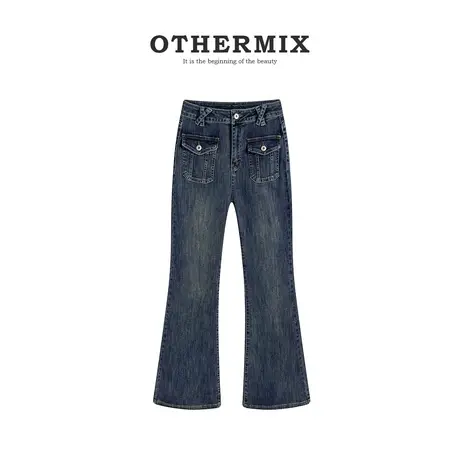 othermix  牛仔阔腿女2024春秋新款高腰百搭喇叭裤遮肉显瘦直筒裤图片