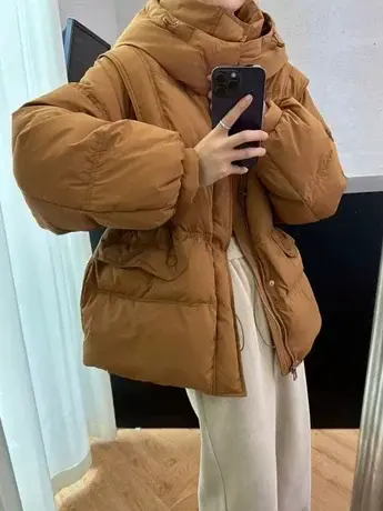 欧货连帽羽绒服女装2023冬装新款韩版抽绳收腰中长款白鸭绒外套潮商品大图