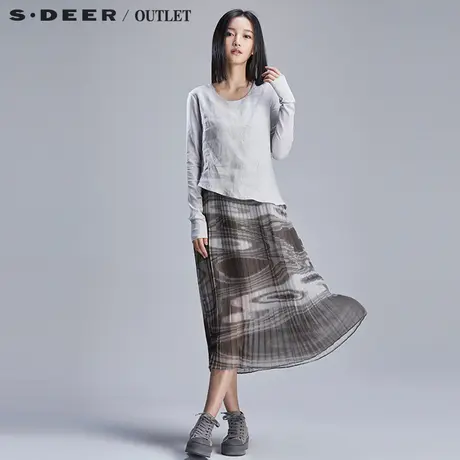 sdeer圣迪奥女2018春装抽象晕染印花百褶知性长袖连衣裙S16181243图片
