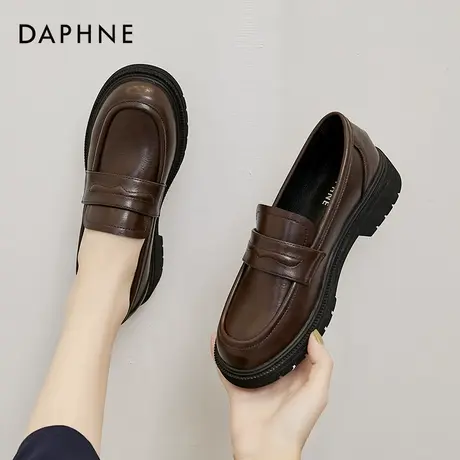 达芙妮棕色小皮鞋女鞋英伦风2022新款日系一脚蹬复古厚底乐福单鞋图片