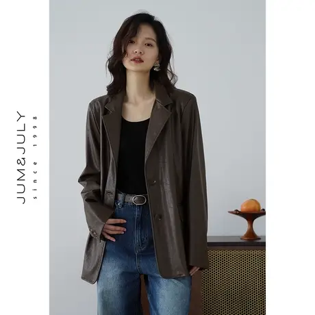 嘉茱莉2023冬季新款美拉德皮衣女棕色皮外套机车皮上衣宽松小个子商品大图