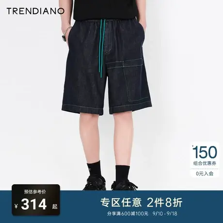 TRENDIANO夏季新款潮流抽绳牛仔短裤男款宽松百搭纯棉五分休闲裤商品大图