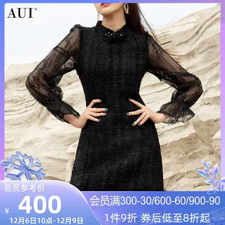 AUI黑色新中式旗袍改良连衣裙女2023秋冬新款小香风泡泡袖A字裙子图片