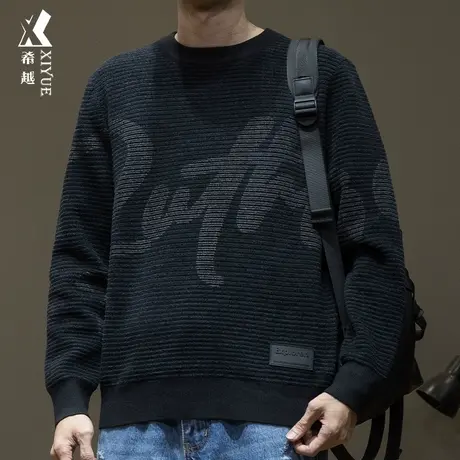 冬季新款撞色圆领毛衣男美式重磅男士针织衫宽松慵懒大码男生上衣商品大图